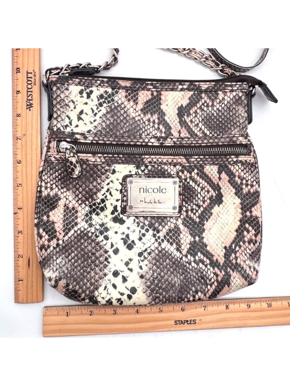 Nicole By Nicole Miller Snakeskin Print Crossbody Bag Chain Strap Zips & Snaps - Picture 11 of 12